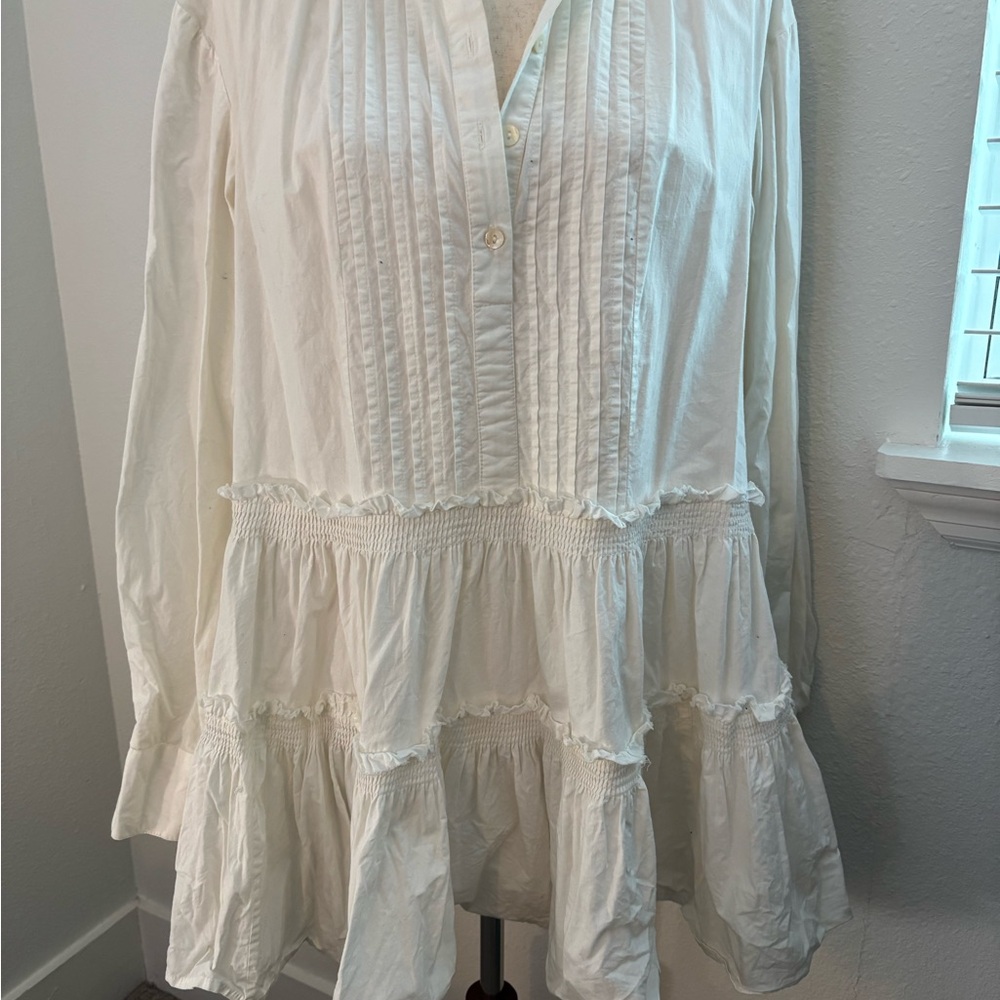Free People White Long Sleeve Pleated Bib Collar Mini Dress
